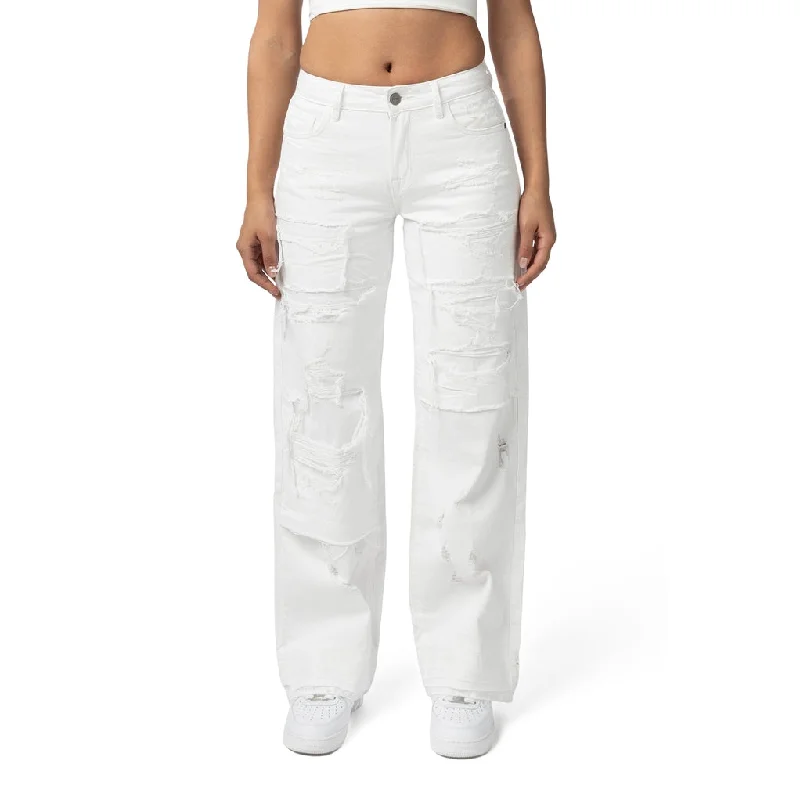 Fashion Elements Mid Rise Wide Leg Rip Off Jeans - White