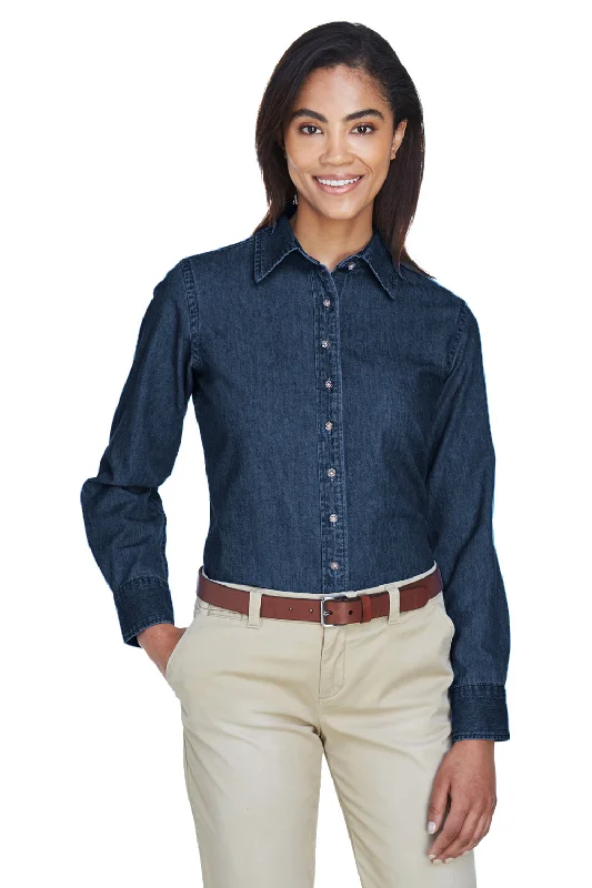 Versatile Outfits Harriton Womens Denim Long Sleeve Button Down Shirt - Dark Denim