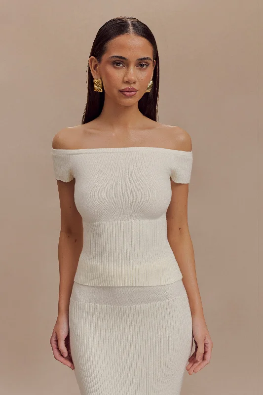 Easy Fashion Mathilde Ribbed Knit Off Shoulder Top - Ivory