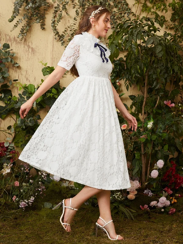 Soft Fashion Floral Zipper Short Sleeve Stand Collar Flared High Waist Long Dress