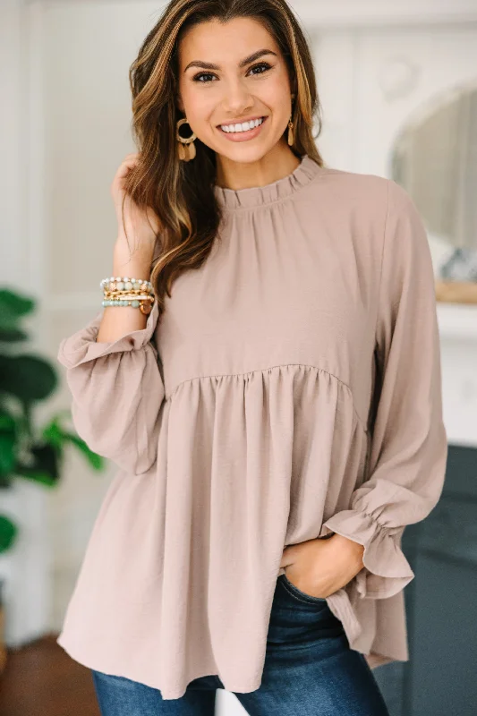 Cozy Apparel Making Moves Taupe Brown Ruffled Blouse