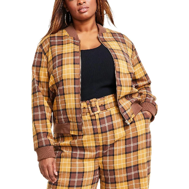 Celebrity Style Plus Womens Plaid Polyester Bomber Jacket