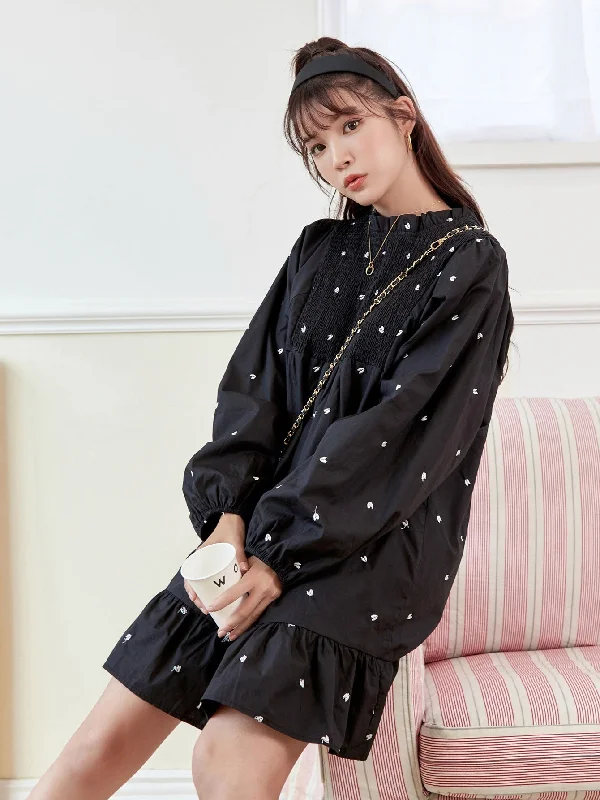 Relaxed Jackets Heart Shirred Long Sleeve Stand Collar Flounce High Waist Knee Length Dress Relaxed Jackets Heart Shirred Long Sleeve Stand Collar Flounce High Waist Knee Length Dress