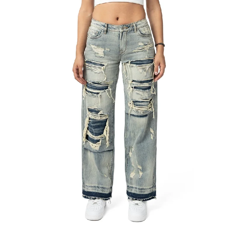 Carefree Mid Rise Wide Leg Rip Off Jeans - Industrial Blue