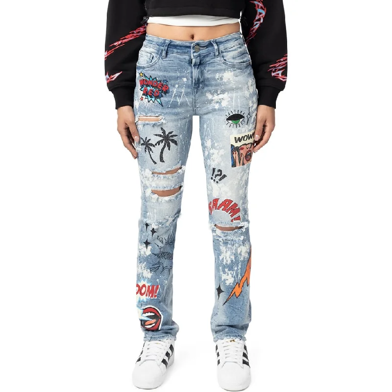 Designer Style High Rise Straight Graphic Jeans - Cabana Blue