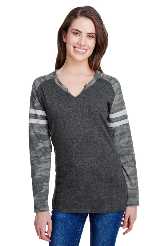 Easygoing Fashion LAT Womens Gameday Mash Up Fine Jersey Long Sleeve V-Neck T-Shirt - Vintage Smoke Grey/Camo