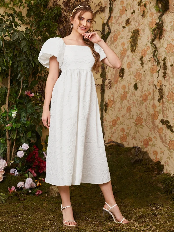 Warm Comfort Plain Zipper Short Sleeve Square Neck Flared High Waist Long Dress
