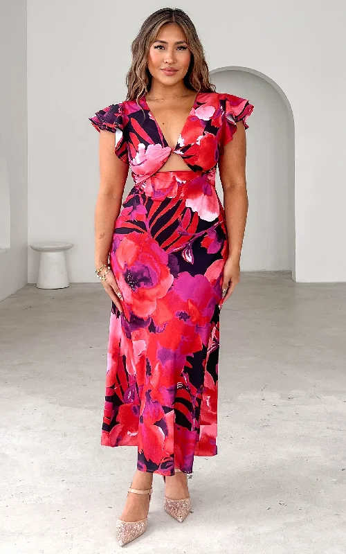 Unique Design Kamala Flutter Sleeve Maxi Dress - Red Black Floral