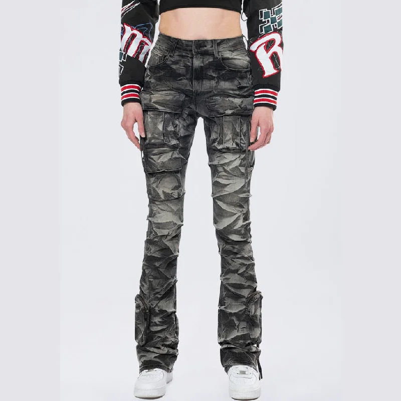 Ultra-lightweight High Rise Stacked Cargo Jeans - Gail Black