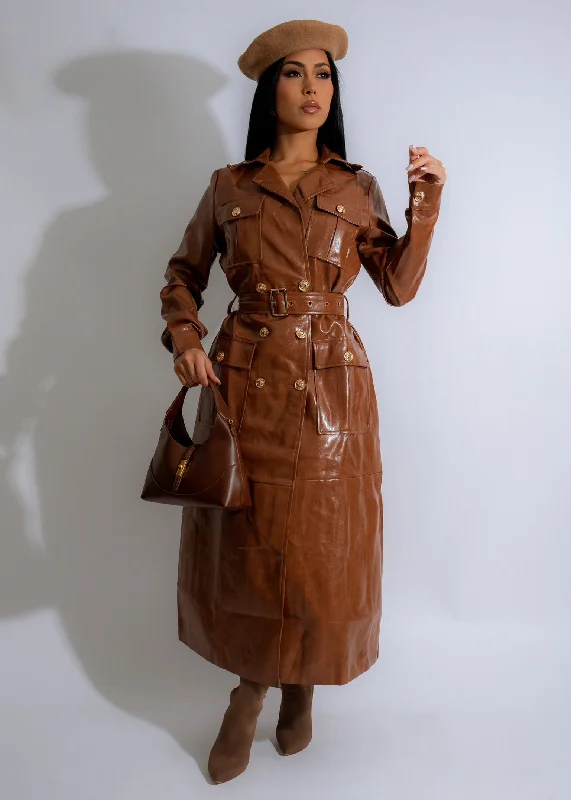Easygoing Style Obsidian Luxe Faux Leather Coat Brown