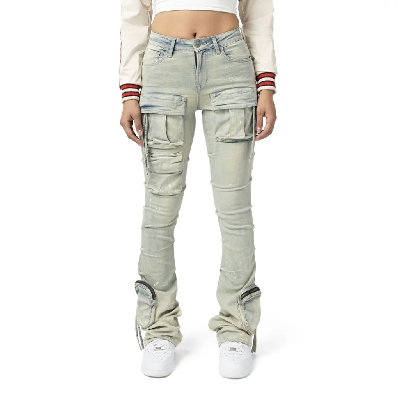 Warm And Comfortable High Rise Stacked Cargo Jeans - Ombre Blue