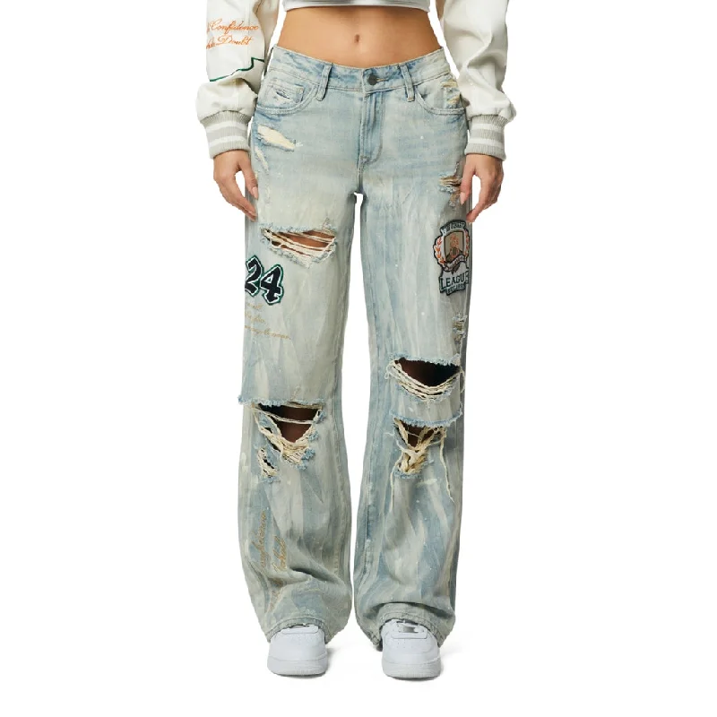 Fresh And Natural Mid Rise Wide Leg Patched Jeans - Leo Blue