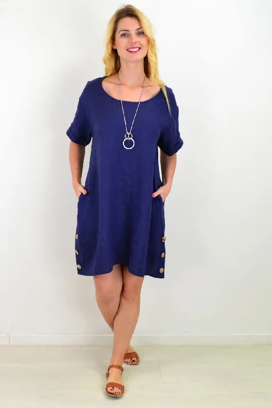 Timeless Comfort Blue Natural Linen Tunic Shift Dress