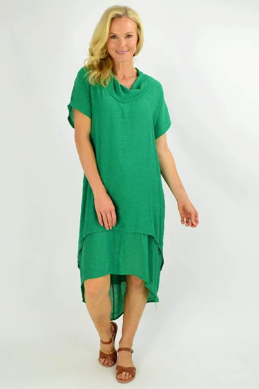 All-Day Comfort Green Cowl Neck Tunic Dress