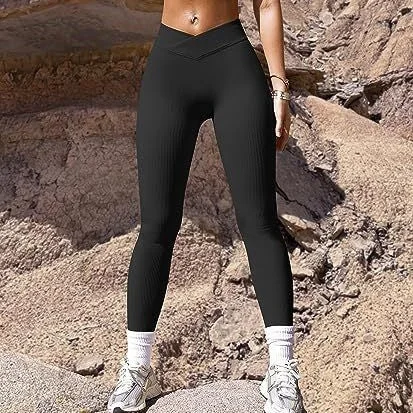 Romantic And Fresh Rib High Waist Cross Sports Bottoming Casual Trousers