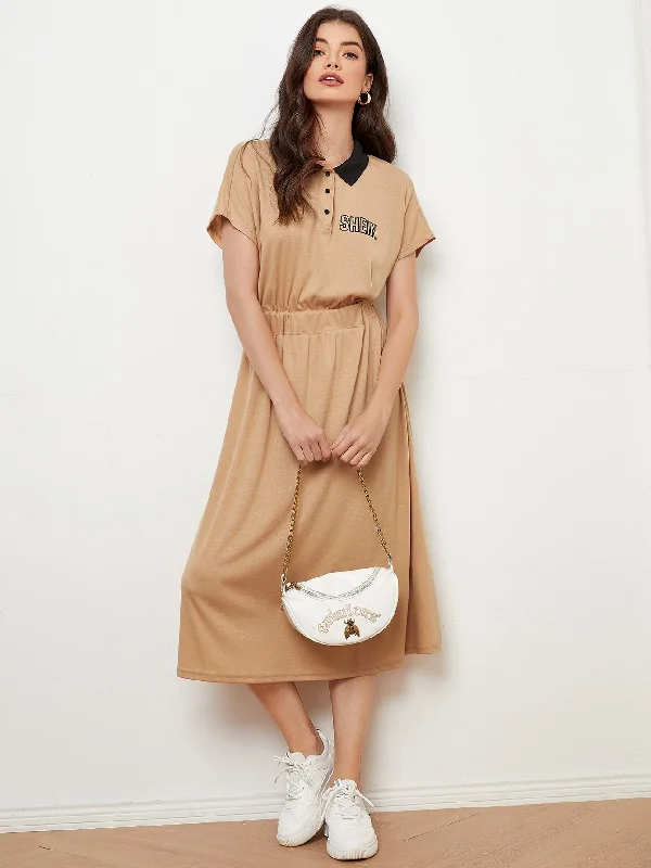 Economic Outlook Letter Button Front Short Sleeve Polo Straight High Waist Long Dress