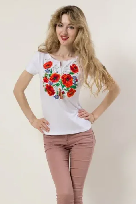 Basic Comfort Women's short sleeve shirt with real embroidery "Blossomy". White