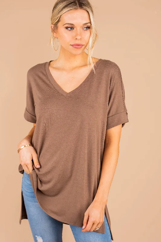 Cozy Look Make Your Life Easy Mocha Brown V-Neck Top