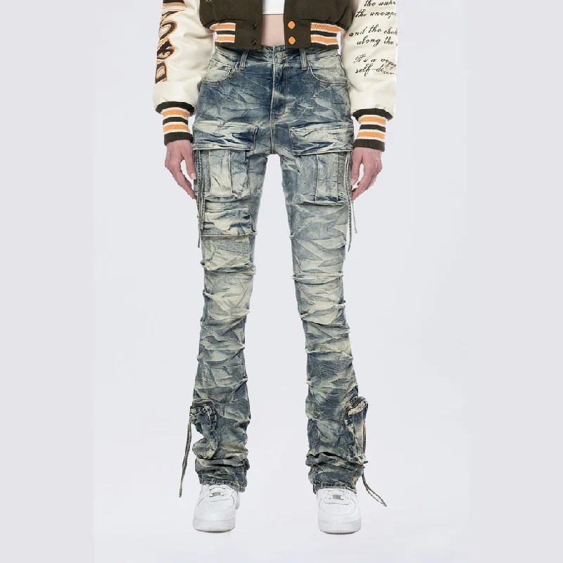 Warm Chic Outfits High Rise Stacked Cargo Jeans - Blue Toast