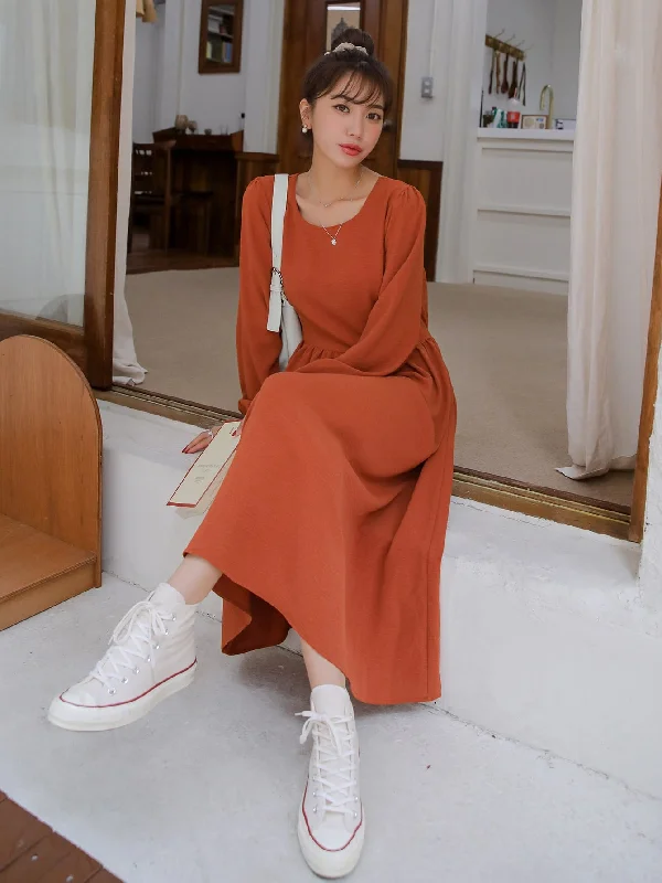 Modern Chic Plain Tie Back Long Sleeve Round Neck Flared High Waist Long Dress