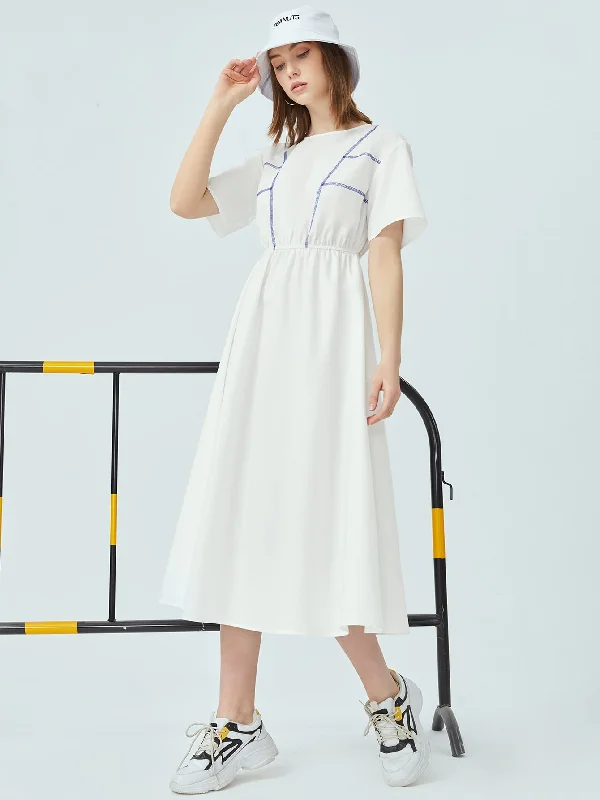 Summer Selection Button Short Sleeve Round Neck Flared High Waist Long Dress