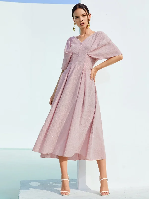 Unique Fashion Plain Button Front Short Sleeve V Neck Flared High Waist Long Dress