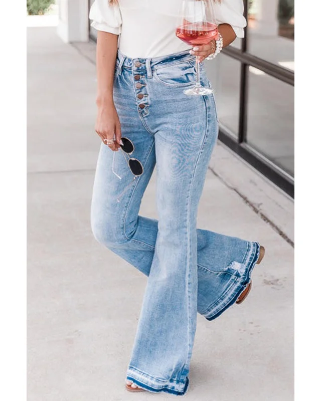 High-end Fabrics Azura Exchange Buttoned Distressed Flared Jeans - 6 US