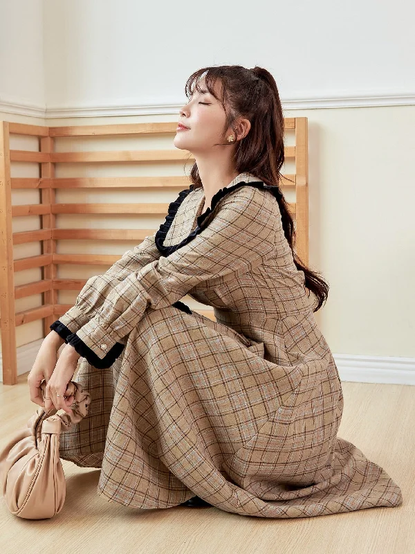 Casual Comfort Plaid Knot Long Sleeve Sailor Collar Flared High Waist Midi Dress