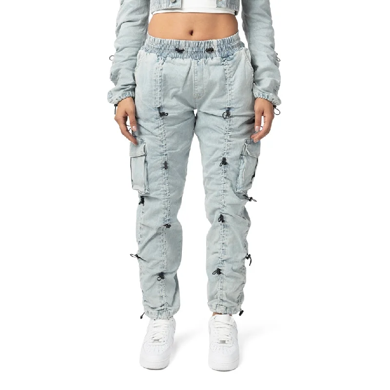 Outdoor Trend High Rise Multi Bungee Cargo Denim Joggers - Speckle Blue
