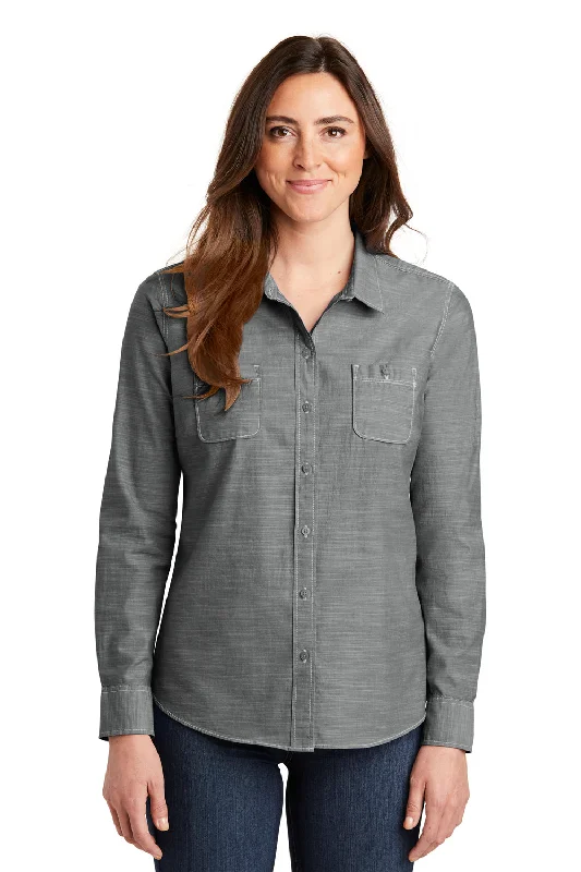 Soft Layers Port Authority Womens Slub Chambray Long Sleeve Button Down Shirt w/ Double Pockets - Grey