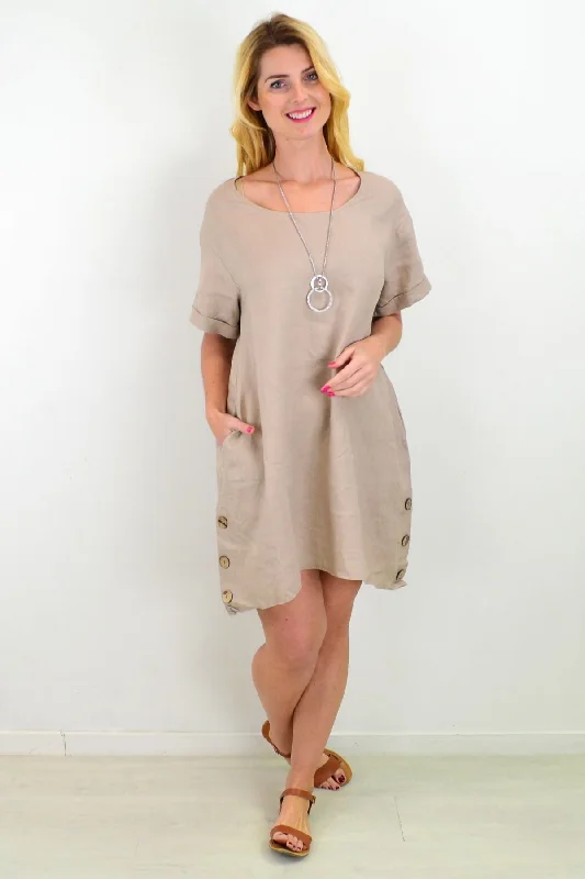 Relaxed Style Light Taupe Natural Linen Tunic Shift Dress
