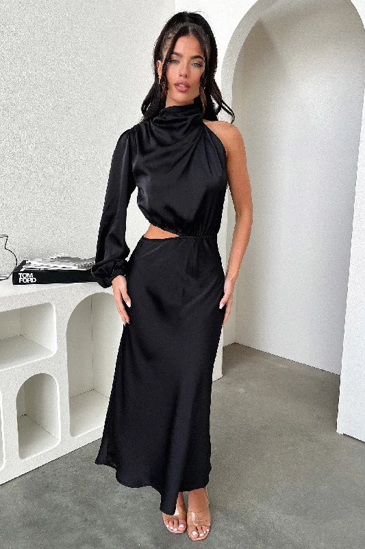 Noble Temperament Atonia Midi Dress - Black