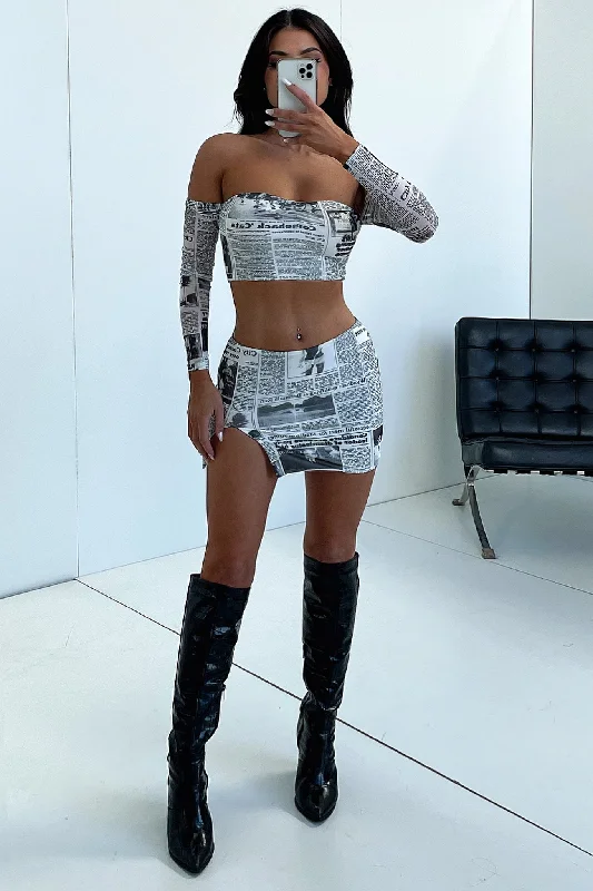 Warm Comfort Mikayla Skirt - Grey News Paper Skirt