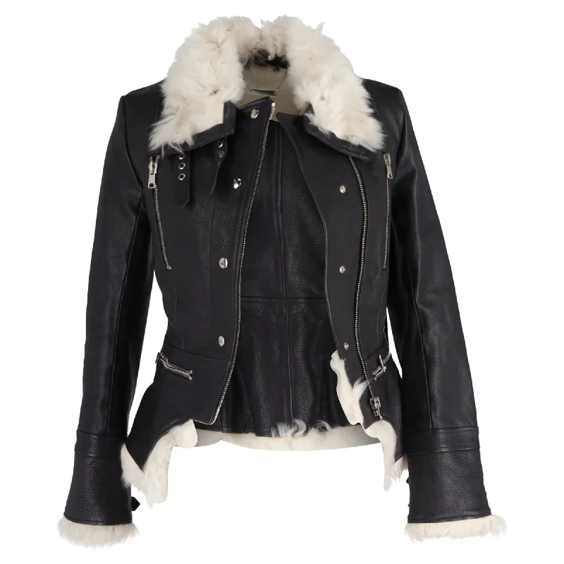 Elegant Fit Alexander Mcqueen Biker Fur Trim Jacket in Black Leather