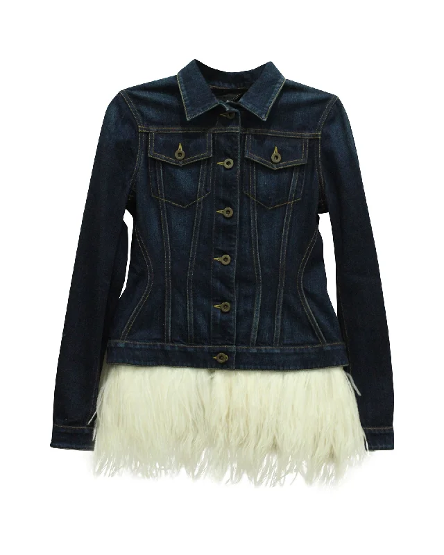 Soft Comfort Wear Burberry Feather Trimmed Denim Jacket in Blue Cotton