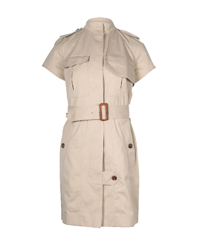 Classic Series Celine Short Sleeved Trench Coat Dress in Beige Cotton
