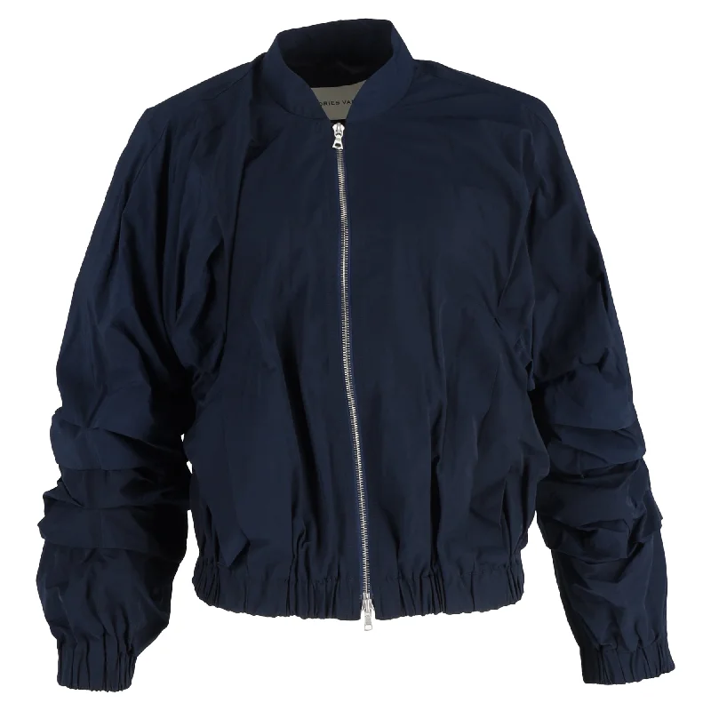 Elegant Dressing Dries Van Noten Ruffled Deconstructed Bomber Jacket In Navy Blue Satin