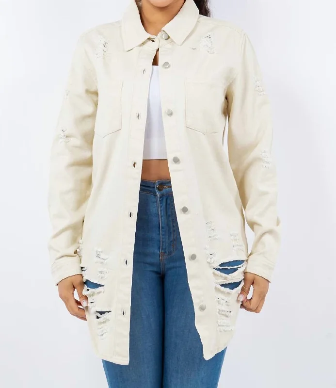 Casual Elegance Edgy Distressed Denim Jacket In Ivory