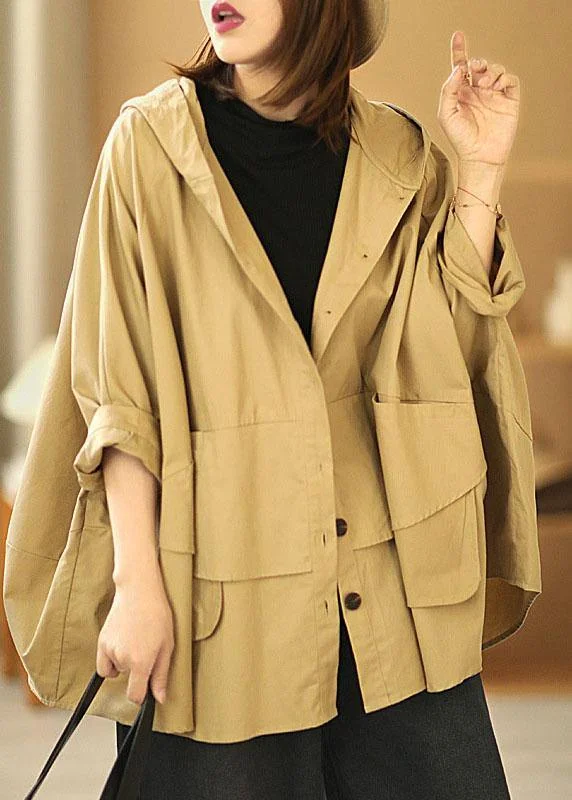 Soft Casuals Fashion Khaki Bat wing Sleeve Patchwork Casual Fall Hooded Coat
