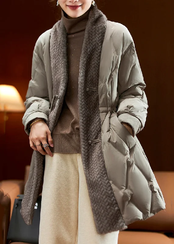 Economic Outlook Fashion Khaki Green Drawstring Patchwork Duck Down Coat Winter