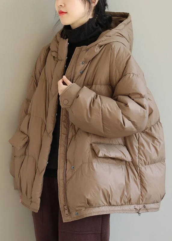 Trendy Layers Fashion Khaki Hooded Zippered Pockets Winter Down Coat Long sleeve