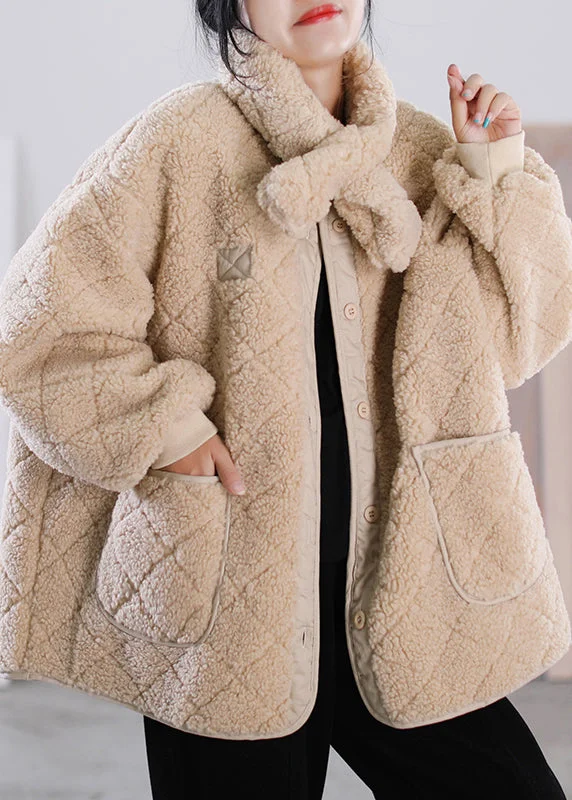 Trendy Looks Fashion Khaki O-Neck Button Pockets Faux Fur Coat Winter