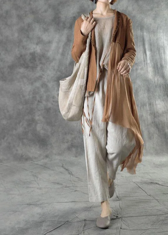 Everyday Chic Fashion Khaki Tie Waist Patchwork Asymmetrical Design Fall Jackets Long Sleeve