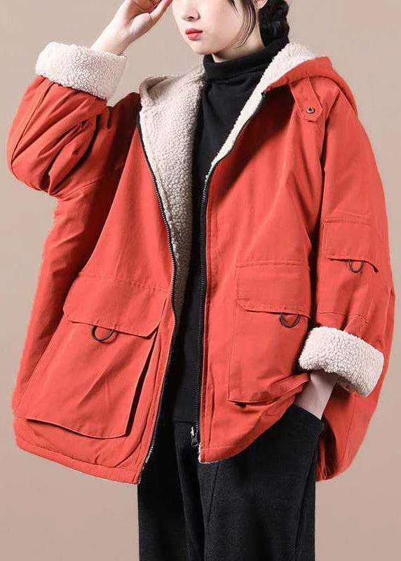 All-Day Outfits Fashion Orange hooded zippered Pockets Loose Winter parkas Coat