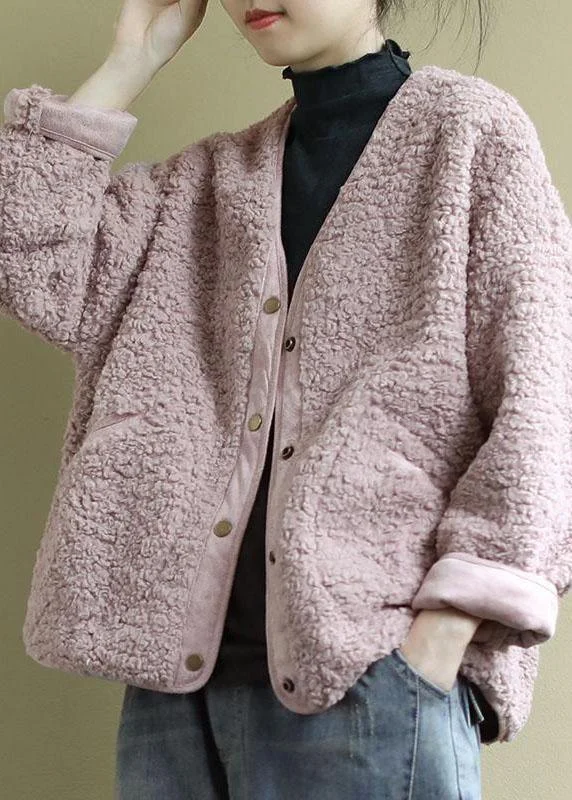 Comfortable Tops Fashion Pink Pockets Button Casual Fall Winter Thick Coats Long sleeve