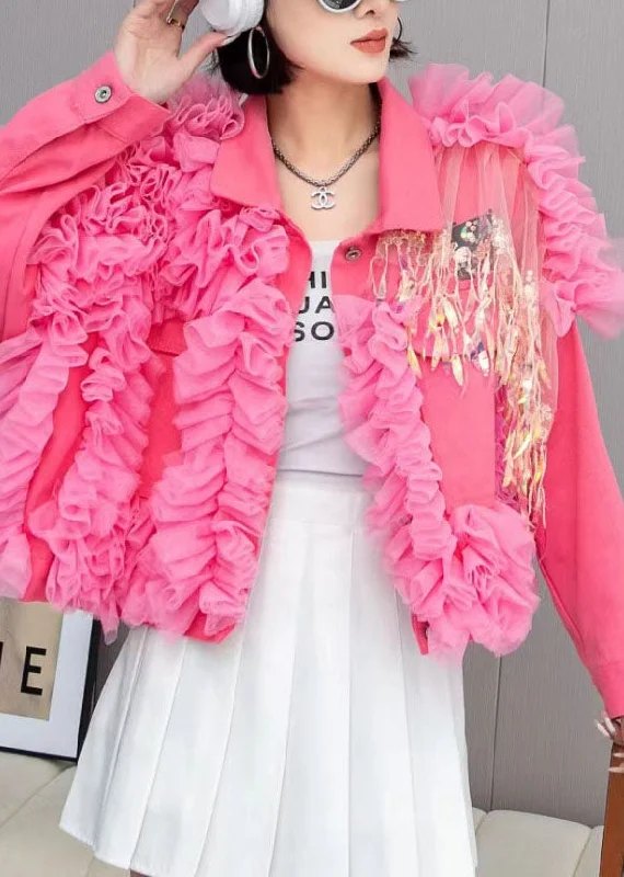 Versatile Comfort Fashion Pink Tulle Ruffled Tasseled Patchwork Denim Jackets Spring