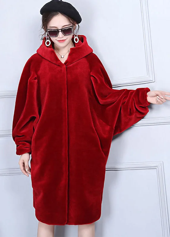 Modern Comfort Fashion Red Oversized Wrinkled Cashmere Jackets Batwing Sleeve