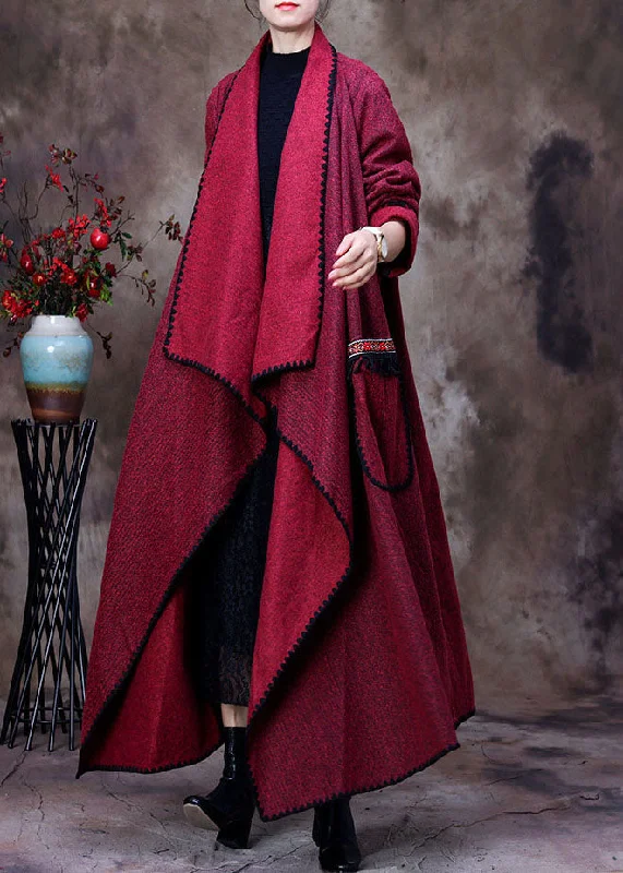 Weekend Comfort Fashion Red Peter Pan Collar asymmetrical design pockets Cashmere coats Spring