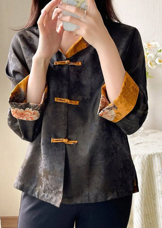 Fashionable Ease Fashion Stand Collar Print Button Side Open Silk Coat Long Sleeve
