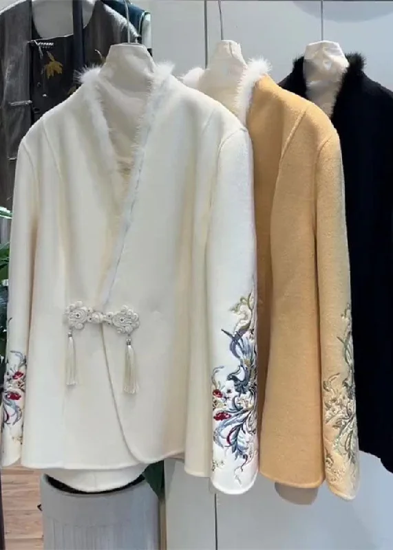Summer Selection Fashion White Fur Collar Button Woolen Coat Long Sleeve